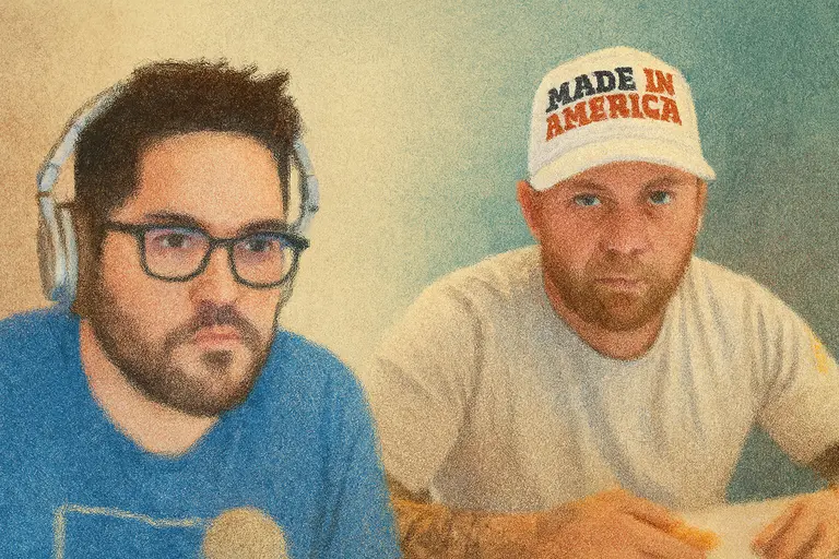 Jason in headphones. Jeremy in a "Made in America" hat.