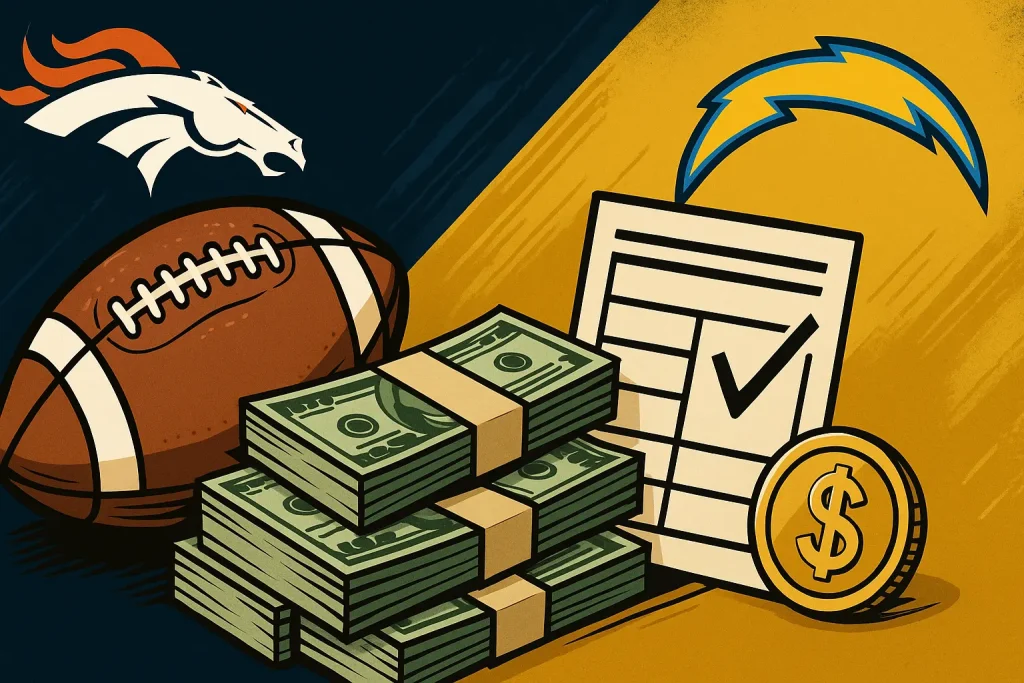 Broncos and Chargers logos, a stack of cash, a football, and a winning bet.
