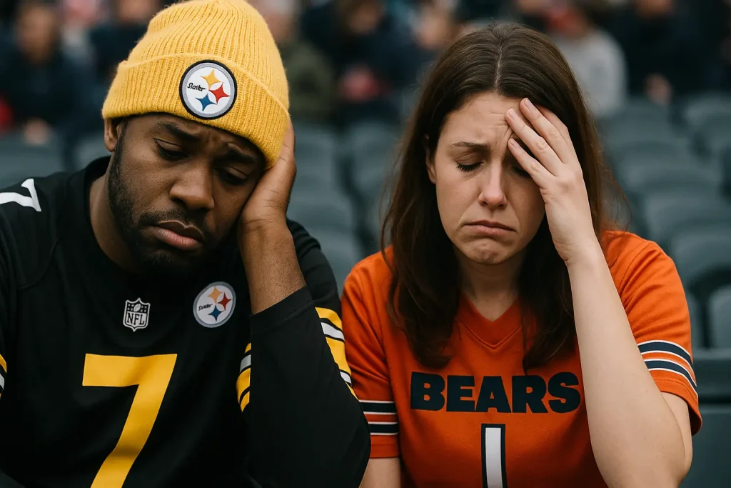 A sad Steelers fan next to a sad Bears fan