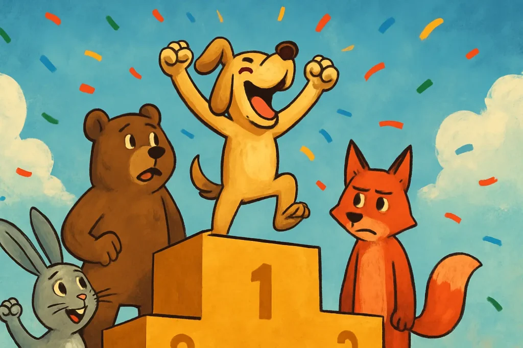 The underdog gets first place on the podium while a bear, rabbit, and fox look on in disappointment.