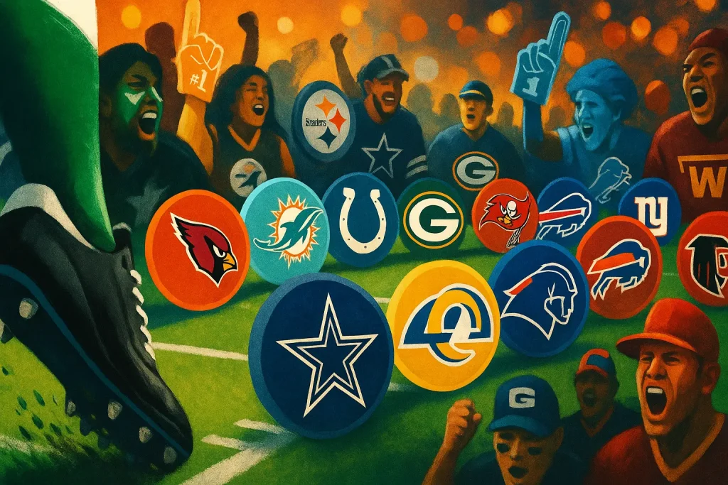 Football fans around an abstract football field with logos for various team.